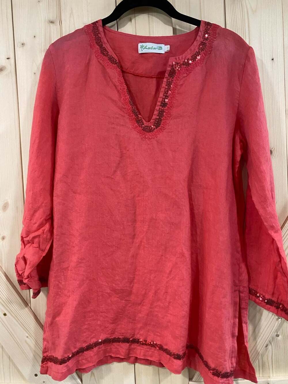 Lulu-B Top Size S Pink Linen Sequin Trim 3/4 Sleeve V-Neck Popover Blouse